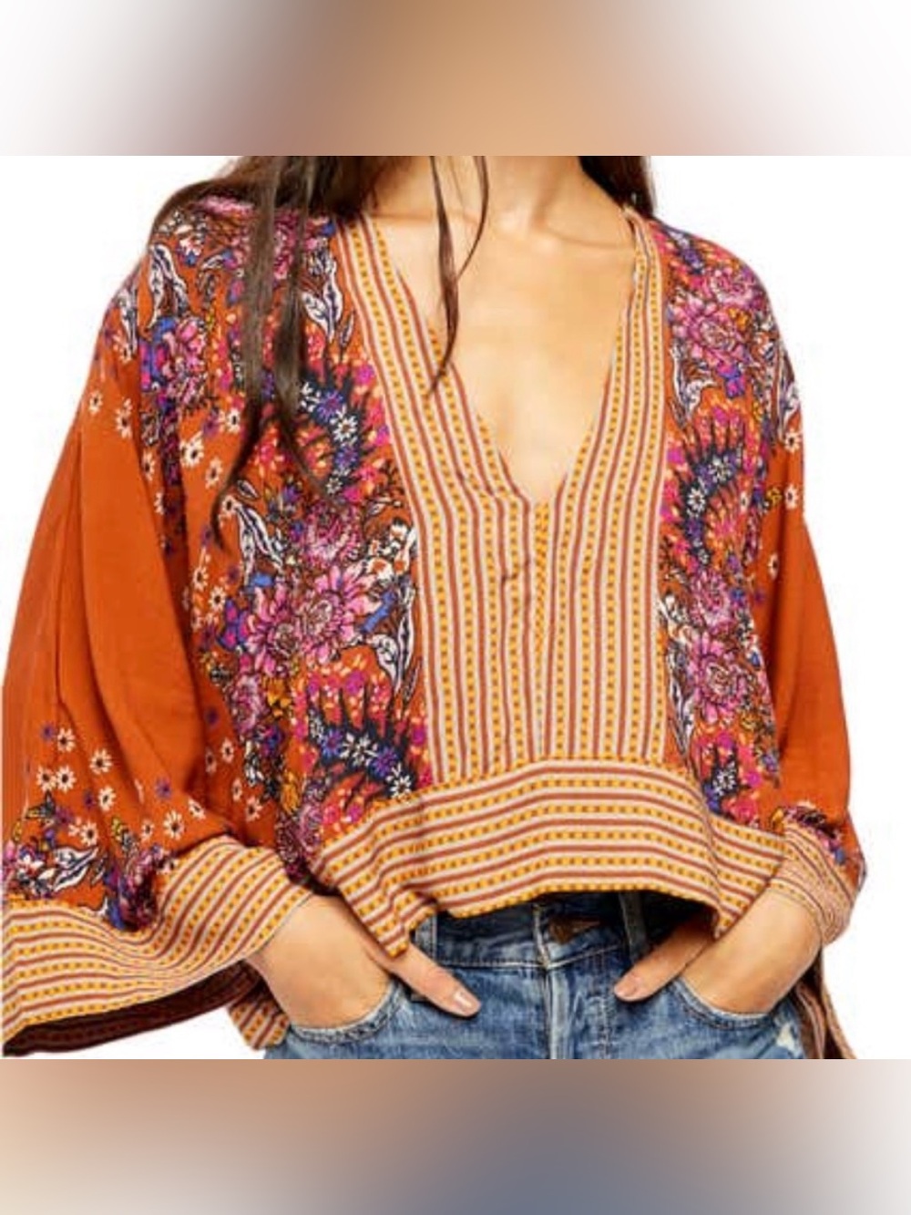 Free People Rust Multicolor Floral and Striped Blouse - Size M NWT